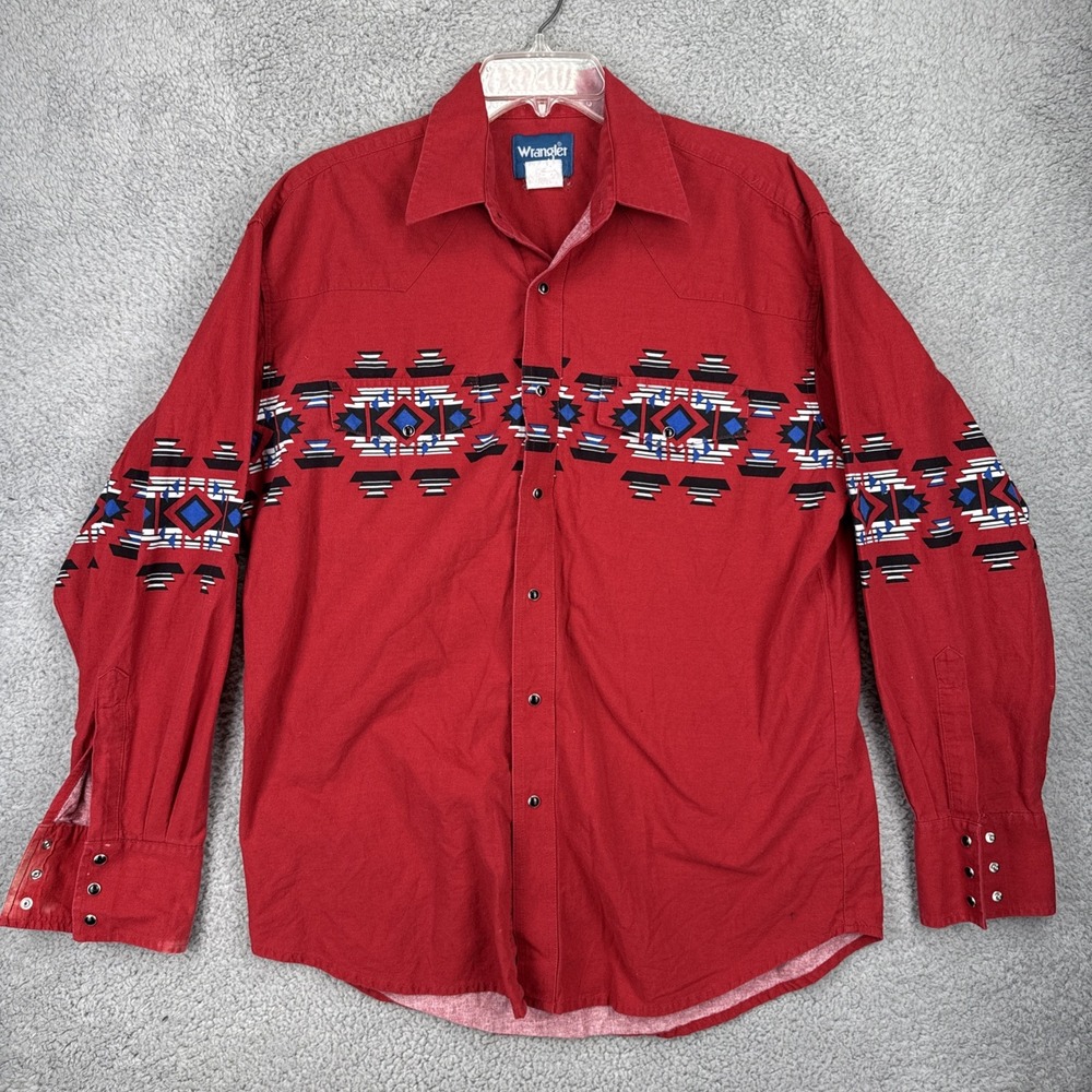 Wrangler Brushpopper Shirt Mens Large L/S Red Vintage Aztec Rodeo Pearl Snap